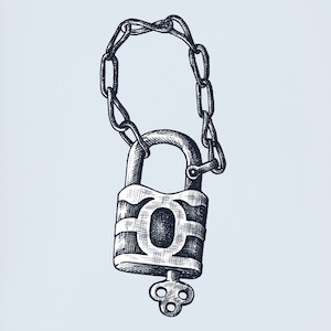 A handrawn rustic padlock and inserted key hanging from chain. Image by rawpixel.com